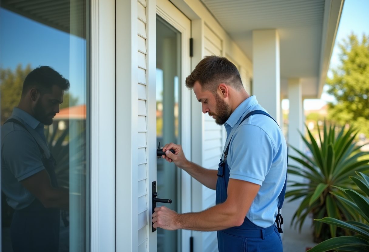 Locksmith fitting a new lock to a coastal cottage door — Strathfield